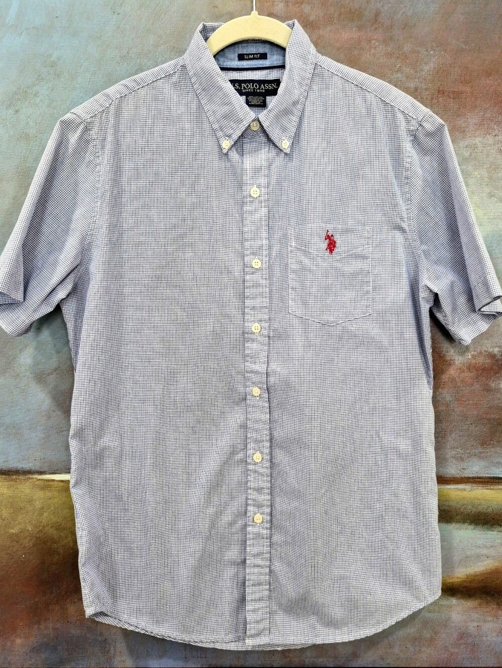 US Polo Assn Short Sleeve Button Down Shirt, Mens Slim Fit Medium, Blue Check - Picture 11 of 14